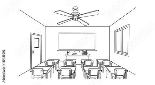 Classroom Interior Perspective View with Desks and Ceiling Fan.