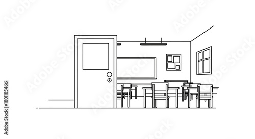 Classroom interior with chairs and a door.