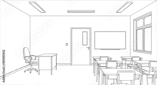 Classroom Interior with Desks and Teachers Chair.