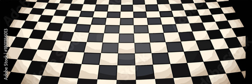 Un motif de damier noir et blanc abstrait en perspective, idéal pour des arrière-plans graphiques.