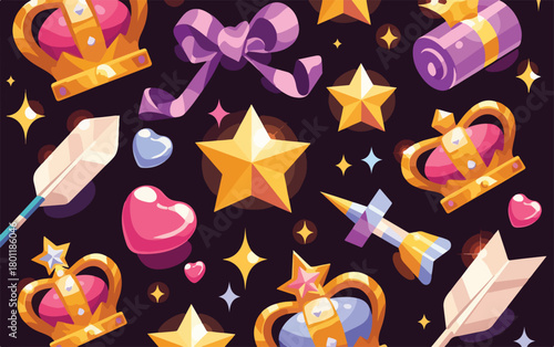 Vecteur de symboles royaux et de fantaisie, couronnes, étoiles et cœurs sur fond sombre.