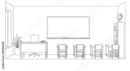 Classroom Interior with Whiteboard and Desks for Education.