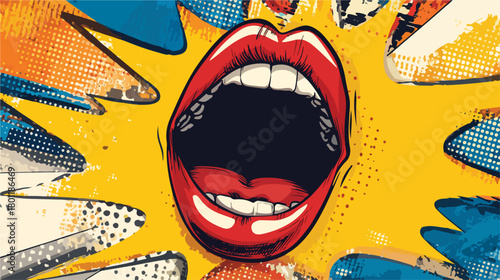 Vecteur d'une bouche ouverte dans un style pop art, exprimant la surprise et l'émotion avec des couleurs vives.