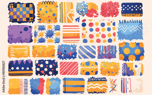 Collection de motifs abstraits et colorés avec des textures de peinture et des formes géométriques.