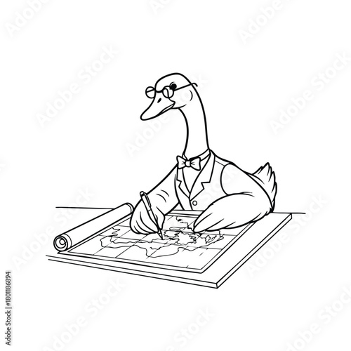 Goose Cartographer Silhouette on White Background Planning Route with Map Geographic Expedition Design