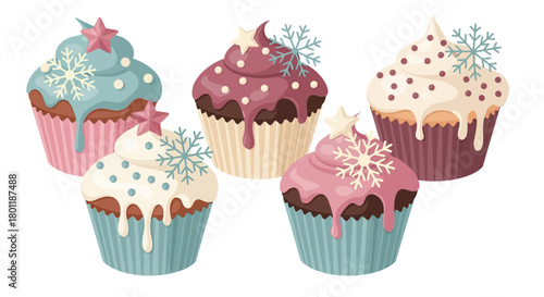 A delightful collection of five festive winter-themed cupcakes, each uniquely decorated with frosting, snowflakes, and star toppers.