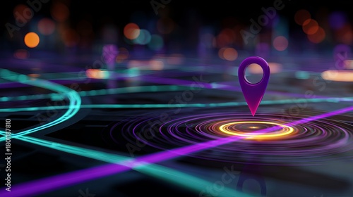 Dynamic purple navigation pin marking location on futuristic map with glowing lines, perfect for travel, technology, or business concepts now