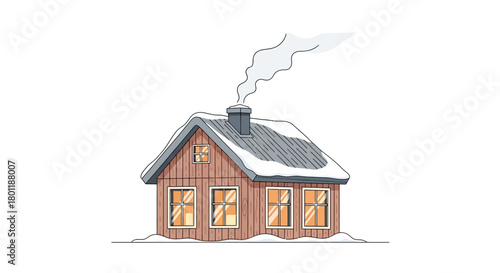 A cozy wooden house with snow on the roof and smoke from the chimney, glowing windows, hand-drawn illustration.