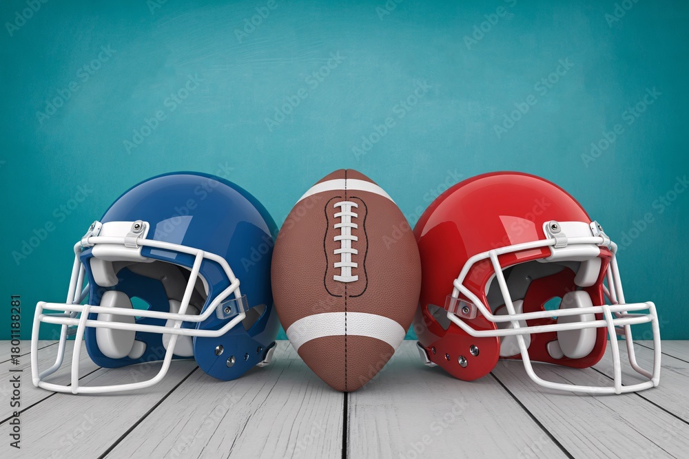 Fototapeta premium Football helmets and football equipment for team sport game day on wood with blue background render on transparent background