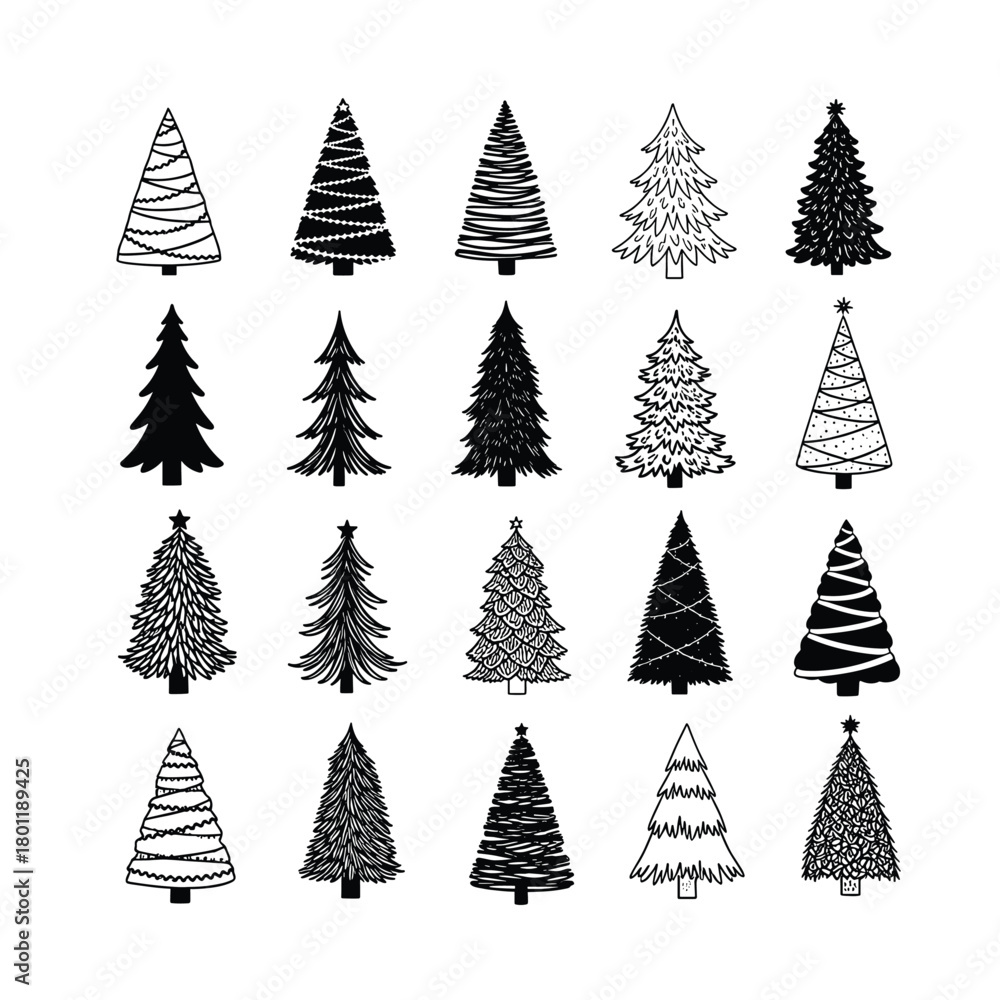 Obraz premium Collection of twenty handdrawn christmas trees with different patterns and styles isolated on, perfect for holidaythemed designs