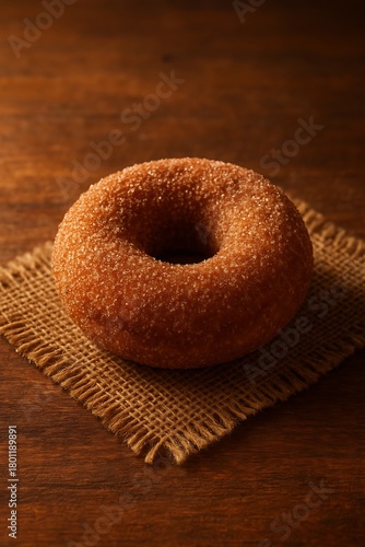 Warm rustic cinnamon-sugar donut on textured burlap with cozy café lighting, wooden tabletop details, and soft autumn-inspired shadows.

