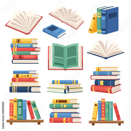 A vibrant collection of books, showcasing various stacks and open volumes, perfect for illustrating the joy of reading and the beauty of literature isolated on
