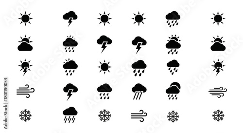 Weather icon set with sun cloud rain and wind minimalist vector glyphs for weather forecast isolated on white background
