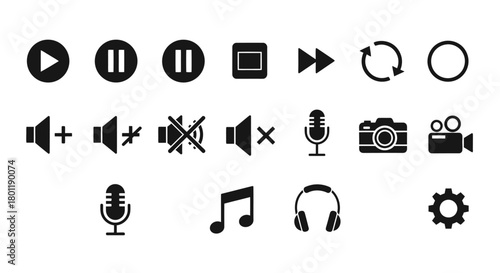 Set of multimedia control icons simple flat vector glyphs for app and web design isolated on white background