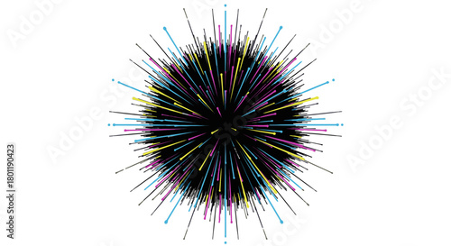A vibrant abstract explosion of colorful CMYK lines radiates outwards from a dark central core, symbolizing energy, data, and dynamic motion.