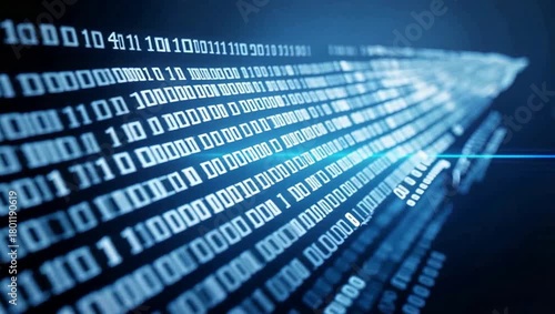 Digital stream of binary code flowing across a dark background, representing data and technology.