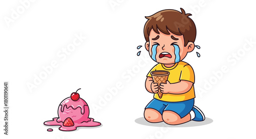 A sad cartoon boy cries after dropping his strawberry ice cream cone on the ground.