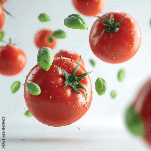 Fresh tomatoes and basil leaves floating against a bright background