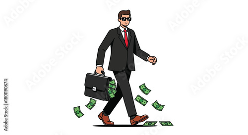 A businessman in a suit walks confidently, dropping money as he goes.