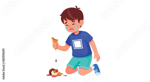 A sad little boy crying with tears because his ice cream fell on the ground and melted, leaving him heartbroken.