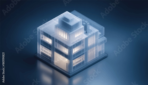 Futuristic architectural design of transparent building with illuminated interior space