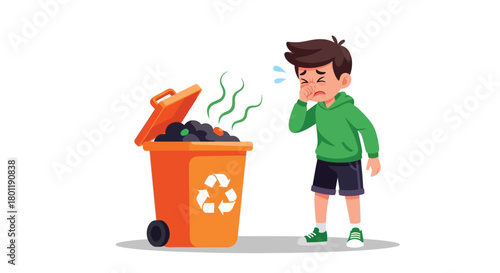 Boy Holding Nose Near Smelly Overflowing Trash Bin