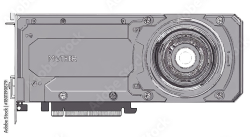 Futuristic Motherboard Component Illustration with Detailed Structure and Circular Element