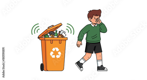 A young boy holds his nose as he walks past an overflowing, smelly orange trash bin with a recycling symbol.