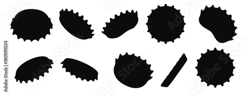 Glassware bottle caps. Metallic beer, soda or lemonade bottle caps, metallic lid for glass containers with refreshing beverages flat vector illustration set. Cartoon metal caps