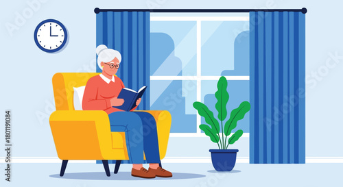 Elderly Man Reading a Book in Cozy Armchair by the Window
