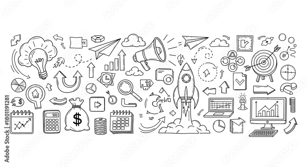 Obraz premium A collection of handdrawn business and marketing doodles, featuring icons like lightbulbs, arrows, charts, money bags, and rockets, isolated on