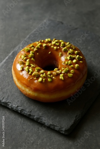 Caramel-glazed pistachio donut on a grey slate stone with natural side lighting, rich texture depth, and artisan bakery mood for premium food visuals.
