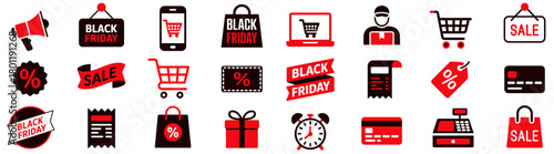 Black Friday shopping icons set featuring sale tags, shopping carts, gift boxes, credit cards, and promotional symbols
