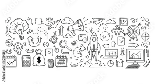 A collection of handdrawn business and marketing doodles, featuring icons like lightbulbs, arrows, charts, money bags, and rockets, isolated on