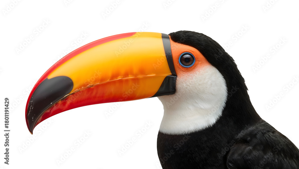 Obraz premium Closeup of toco toucan with vibrant orange beak on the transparent background highlighting details and colors