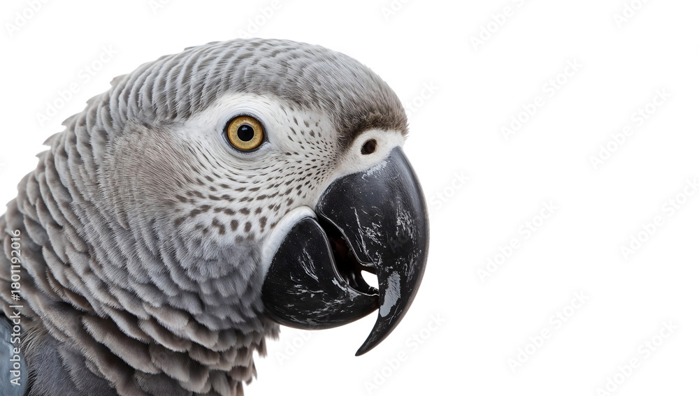 Fototapeta premium African grey parrot closeup on the transparent background showing detailed feathers, intelligent eyes, and black beak in high resolution