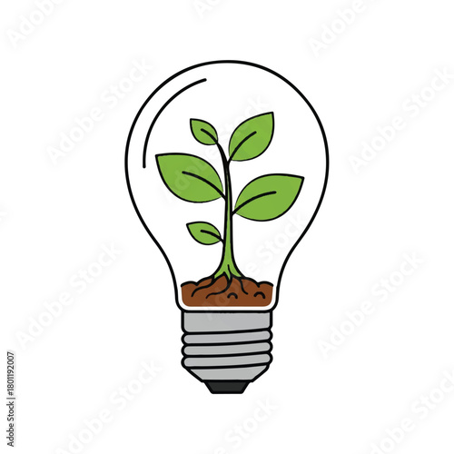 Sustainable growth concept: a young plant thriving inside a glowing light bulb.