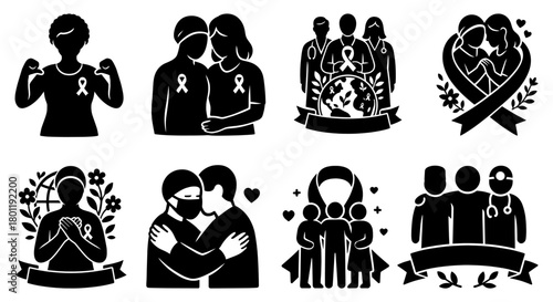 Bold Cancer Awareness Support Silhouette Vector Icons Set for Health Solidarity and Hope