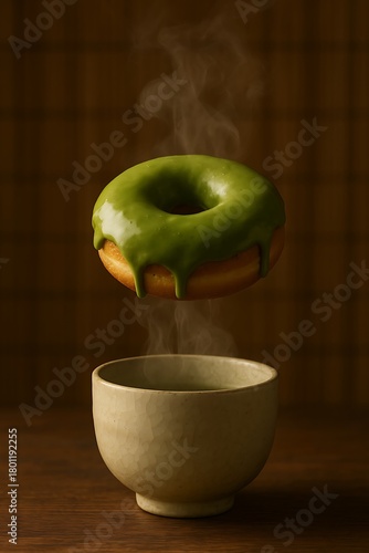 A floating matcha donut above a warm tea bowl with rising steam, Japanese minimal mood, soft light, and serene natural ambiance.
