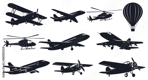 Collection of black and white aircraft silhouettes featuring airplanes helicopters and a hot air balloon isolated vector illustration