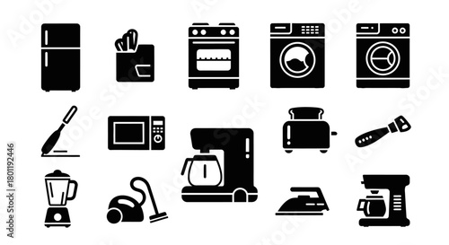 Set of black and white kitchen appliance icons simple flat vector design elements isolated on a white background