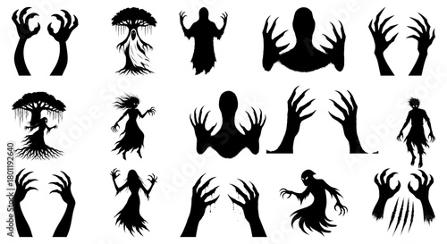 Vector Creepy Horror Silhouette Icons of Ghostly Figures, Monster Hands, Haunted Spirits, Spooky Shadows and Scary Paranormal Creatures