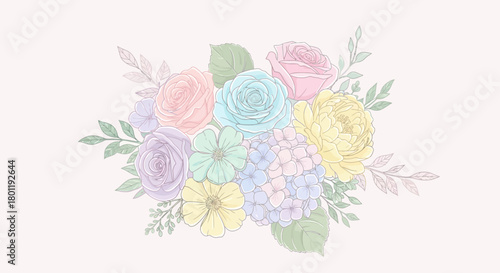 Pastel floral bouquet illustration soft color flower arrangement for wedding invitation greeting card or wallpaper design
