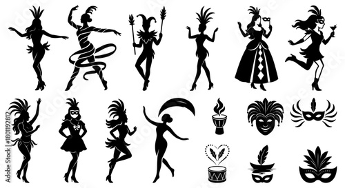 Carnaval Festival Samba Dancer Silhouette Icons Set with Costumes, Masks, Feathers, Parade Elements and Party Celebration Vector Art