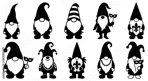 Mardi Gras Carnival Gnome Vector Silhouette Icons with Masks, Costumes, Beads, Festive Hats and Playful Parade Characters for Celebration Art