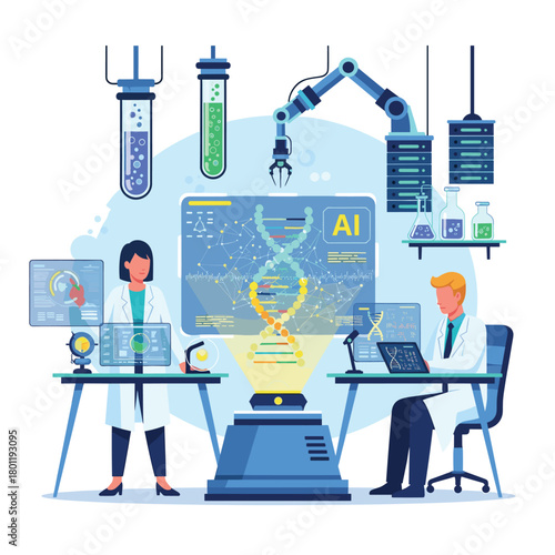 Scientists collaborating in a hightech laboratory, using advanced equipment and holographic displays to analyze dna and conduct experiments, pushing the boundaries of scientific discovery isolated on