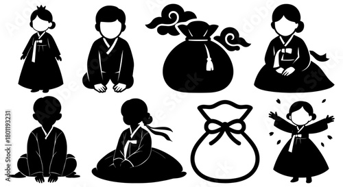 VectorSeollal Korean New Year Silhouette Icons of Hanbok Children, Lucky Pouch, Traditional Bowing, Holiday Celebration and Cultural Festive Symbols