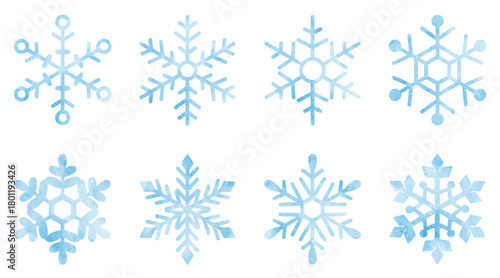 雪の結晶の手描きアイコンイラストセット 水彩 水色