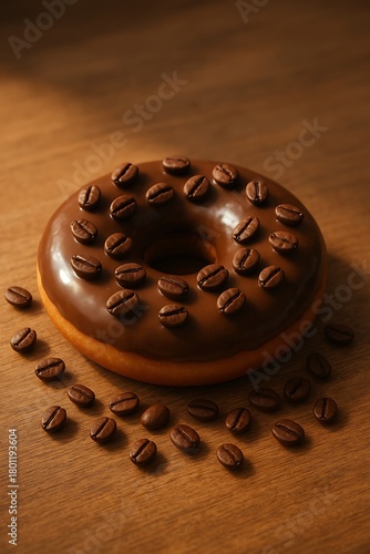 Realistic coffee-brown donut with mocha glaze and coffee beans on a warm café desk, soft sunlight, cozy morning mood, detailed texture.
