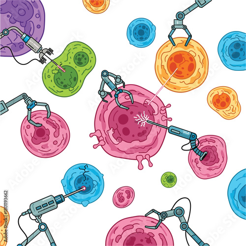 Cell manipulation with robotic arms, performing surgery on cells isolated on vector illustration of medical technology and cellular engineering